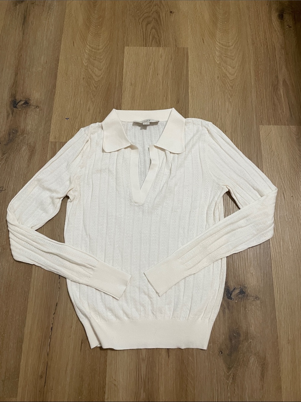 LOFT Cream Collared V-Neck Lightweight Cable Sweater
